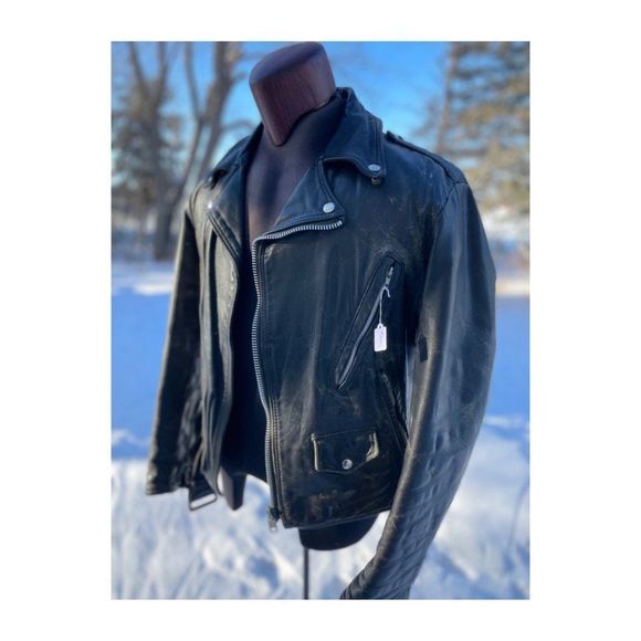 Vintage 80s Brush Fire Moto Steerhide Leather Jacket Biker Black Distressed Cana - Picture 6 of 16